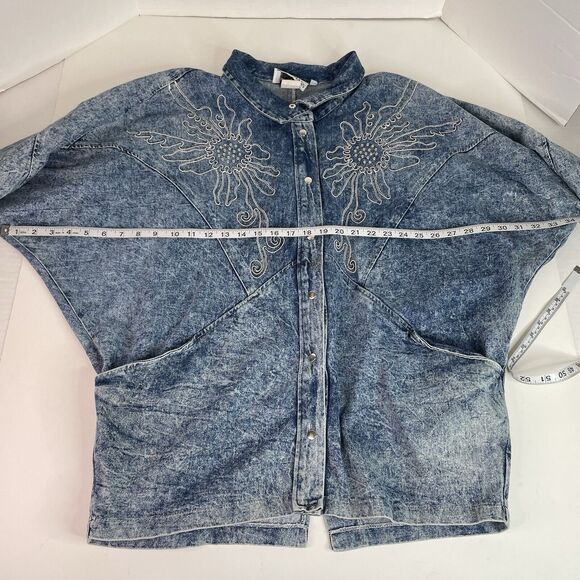 Vintage Tina Woo For Mass Denim Button Up Jacket, Medium, Blue, Flowers, - Picture 4 of 6
